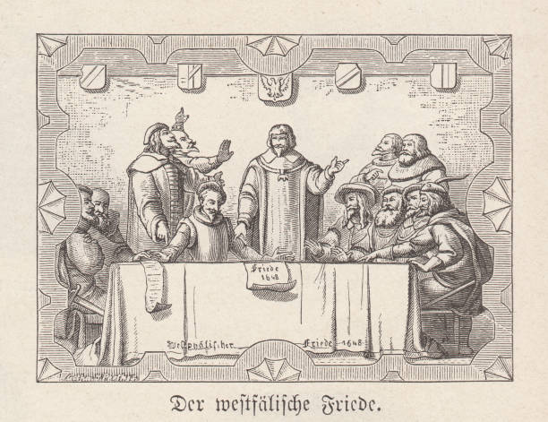 Peace of Westphalia in 1648, wood engraving, published in 1881 The "Peace of Westphalia" (Westfälischer Friede) was the peace treaty in 1648, which ended the Thirty Years War in Germany and at the same time the Eighty Years War of Independence of the Netherlands. Woodcut engraving after an original by Karl Hermann (German painter, 19th century), published in 1881. treaty stock illustrations