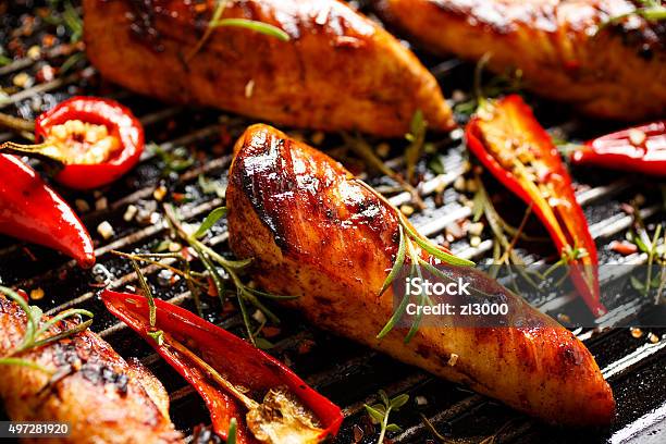Grilled Fillets Of Chicken In Spicy Marinade Stock Photo - Download Image Now - 2015, Barbecue - Meal, Barbecue Grill