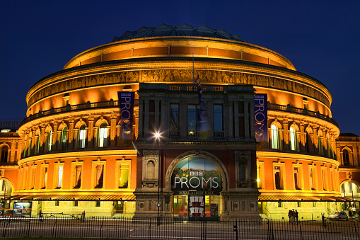 London, United Kingdom, August 9, 2007 : The Royal Albert Hall, Kensington at night where the Proms are performing