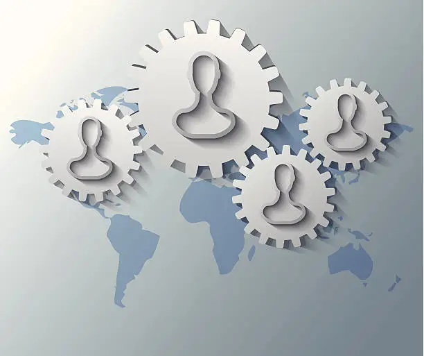 Vector illustration of Illustration of gears with heads and world map background