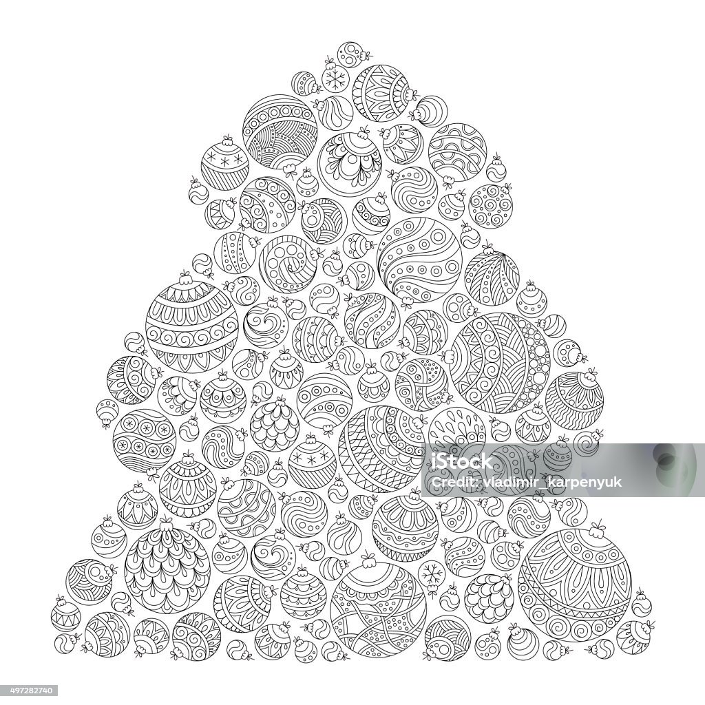 Christmas tree. Pattern for coloring book. Christmas tree. Pattern for coloring book. Christmas hand-drawn decorative elements in vector. Fancy Christmas balls. Black and white pattern. Christmas stock vector