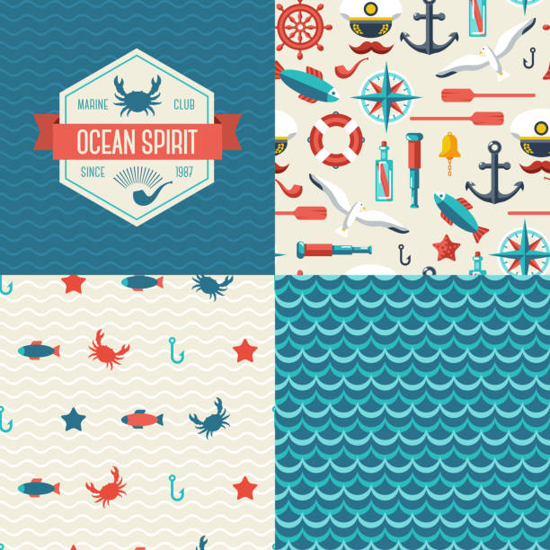 Seamless patterns of marine symbols and label. Use to create quilting patches or seamless backgrounds for various craft projects. bellcaptain stock illustrations