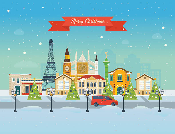 Travel to Europe for christmas. Merry Christmas greeting card design London, United Kingdom and France flat icons design travel concept. Travel to Europe for christmas. Invitation card with winter city life and space for text. Merry Christmas greeting card design.  eiffel tower winter stock illustrations