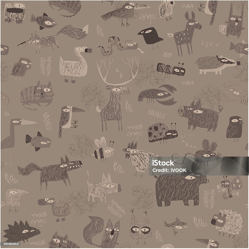 Animals tapestry seamless pattern in grey Animals tapestry seamless pattern in grey is hand drawn grunge illustration of animals. Illustration is in eps8 vector mode, background on separate layer. Fox stock vector