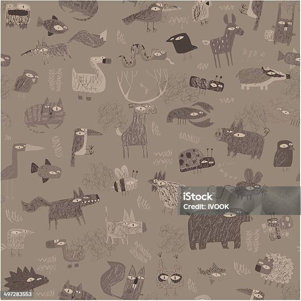 Animals Tapestry Seamless Pattern In Grey Stock Illustration - Download Image Now - Fox, Woodcut, Animal