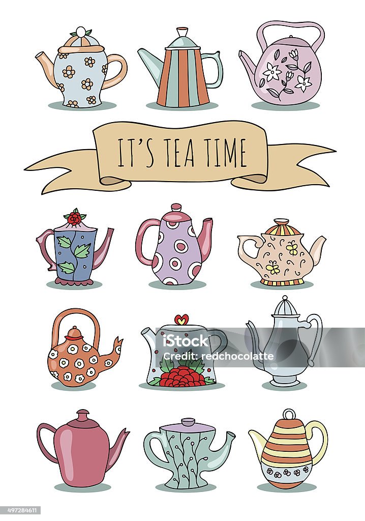 Vector set of lovely hand drawn kitchen and cafe teapots Old-fashioned stock vector
