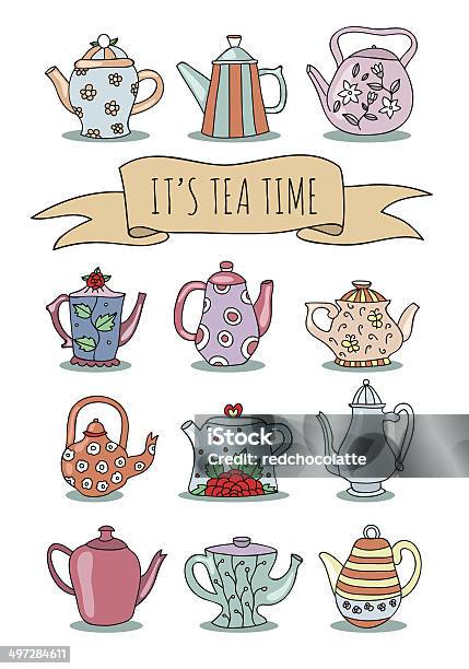 Vector Set Of Lovely Hand Drawn Kitchen And Cafe Teapots Stock Illustration - Download Image Now