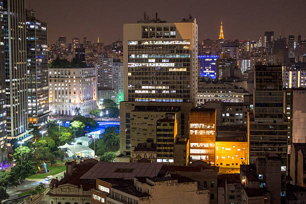 Aerial view Sao Paulo, Brazil, November 13, 2015. Aerial view of Anhangabau Valley in downtown São Paulo at night Anhangabáu stock pictures, royalty-free photos & images