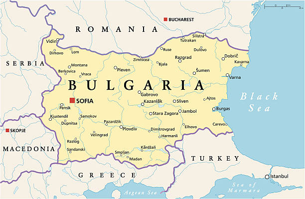 Bulgaria Political Map Political map of Bulgaria with capital Sofia, national borders, most important cities, rivers and lakes. Vector illustration with English labeling and scaling. bulgaria stock illustrations