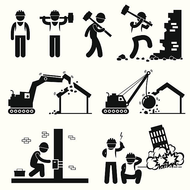 Demolition Worker Demolish Building Pictogram Icon Cliparts A set of human pictogram representing demolition worker smashing wall with hammer, destroying house with excavator and wrecking ball, and demolishing building with explosive bomb. demolished illustrations stock illustrations