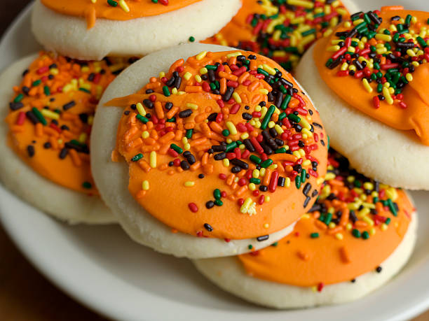 istock Halloween decorated shortbread cookies on plate 497286571