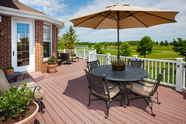 Amazing Home Patio Deck With View of Golf Course Amazing Home Patio Deck With View of Golf Course decking stock pictures, royalty-free photos & images