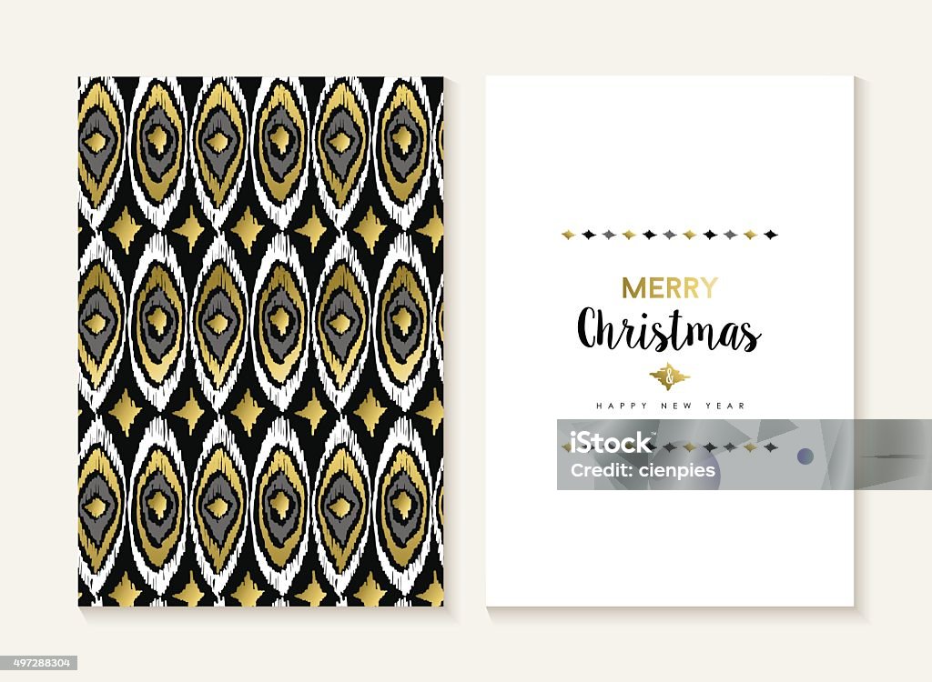 Merry christmas retro tribal gold pattern card set Merry Christmas card template set with retro tribal indian style seamless pattern and trendy Xmas text in gold metallic color. Ideal for holiday greetings. EPS10 vector.   . 2015 stock vector