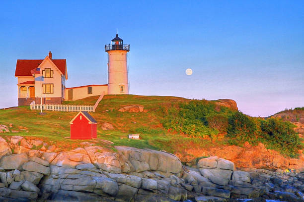 leuchtturm in new england - maine flag nubble lighthouse new england stock-fotos und bilder