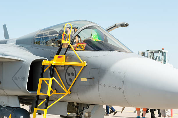 JAS 39 Gripen detail Kallinge, Sweden - June 01, 2014: Swedish Air Force air show 2014 at F 17 Wing.Detail of cockpit from outside. jet intake stock pictures, royalty-free photos & images