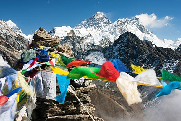 istock view of everest from gokyo ri with prayer flags 497300731