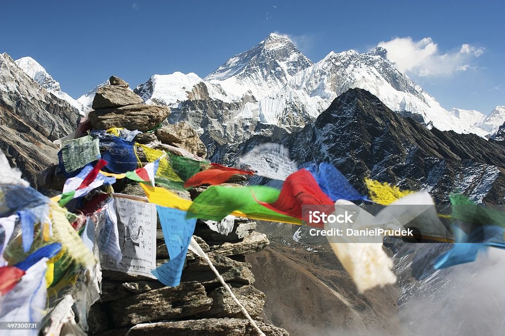 view of everest from gokyo ri with prayer flags view of everest from gokyo ri with prayer flags - Nepal Asia Stock Photo