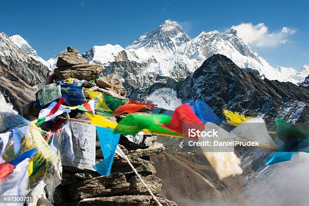 View Of Everest From Gokyo Ri With Prayer Flags Stock Photo - Download Image Now - Asia, Base Camp, Blue