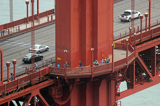 The iconic Golden Gate Bridge on a sunny summer day. Captured from Battery Spencer near Sausalito city in Marin County opposite San Francisco city Bay Area on the other end of the architectural beauty