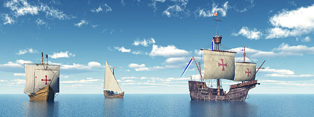 Santa Maria, Nina and Pinta of Christopher Columbus Computer generated 3D illustration with the ships of Christopher Columbus replica santa maria ship stock pictures, royalty-free photos & images