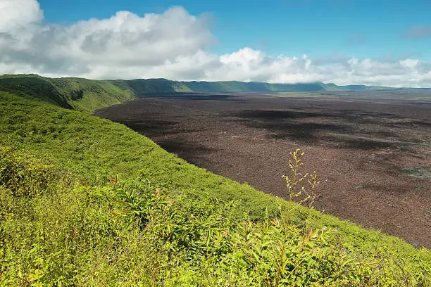 Volcanic landscape of the big crater of Sierra negra volcano in Isabela island, Galapagos, Ecuador. This crater is the second largest in the word after yellowstone national park.