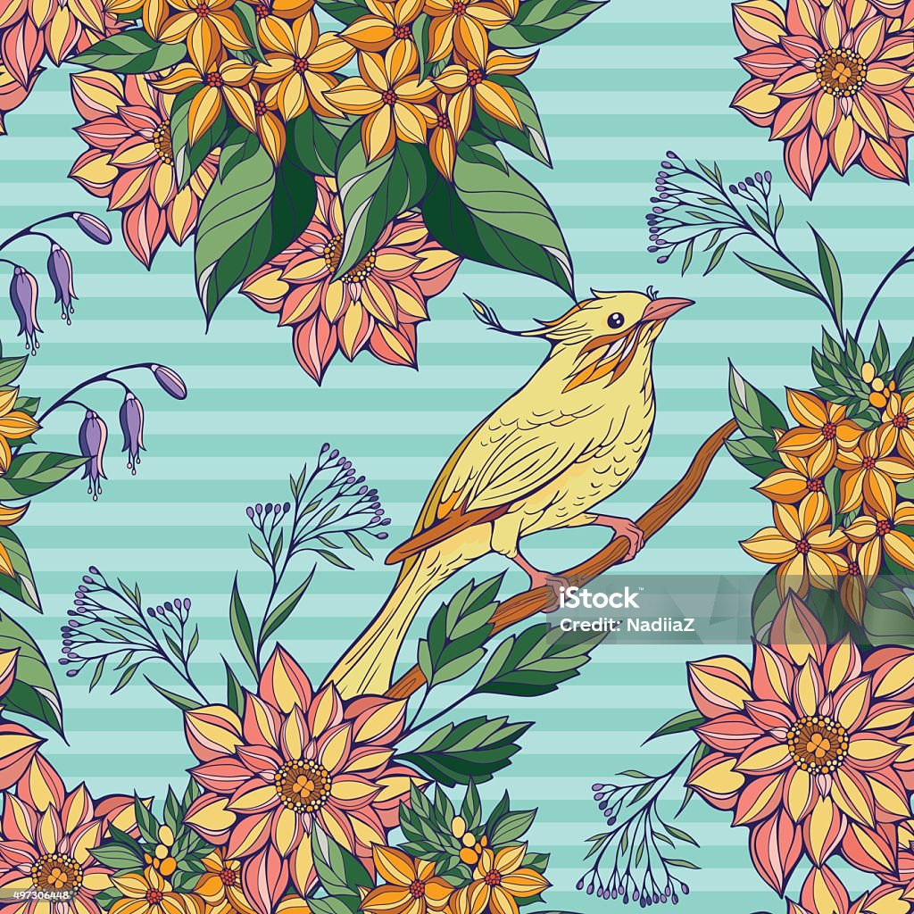 seamless pattern of colorful bird sitting on a branch seamless pattern of colorful bird sitting on a branch in flowers Bird stock vector