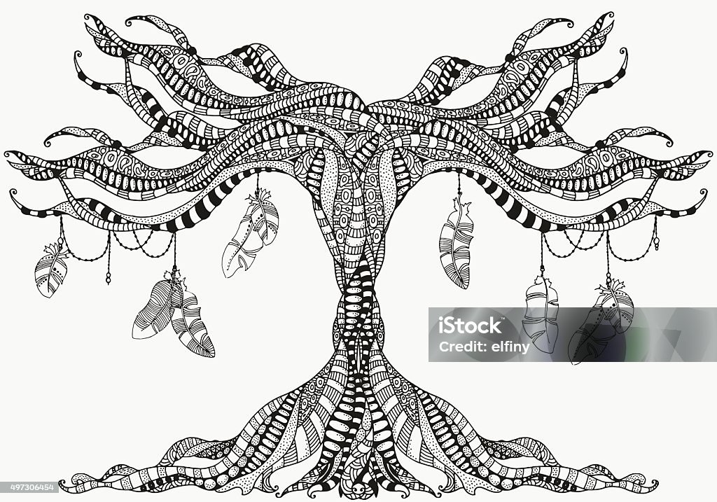 Artistically tree and feathers. Artistically tree and feathers. Sketch by trace. Hand-drawn tribal, ethnic, floral, retro, doodle, vector, tribal design element. Black and white. For coloring book. 2015 stock vector