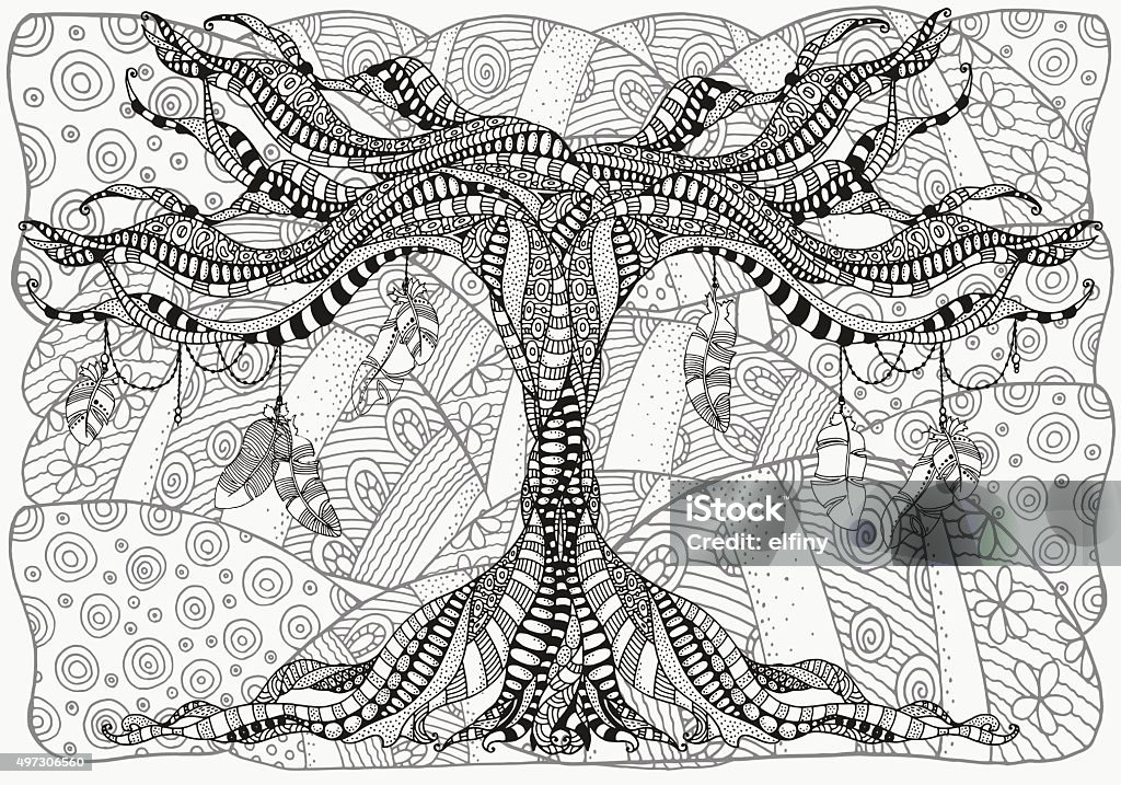 Artistically tree and feathers. patterns. Artistically tree and feathers. Landscape sketch by trace. Hand-drawn tribal, ethnic, floral, retro, doodle, vector, tribal design element. Black and white. For coloring book. Coloring Book Page - Illlustration Technique stock vector