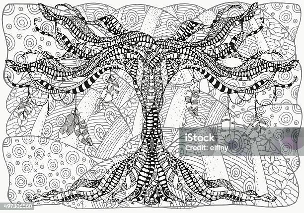 Artistically Tree And Feathers Patterns Stock Illustration - Download Image Now - Coloring Book Page - Illlustration Technique, 2015, Abstract