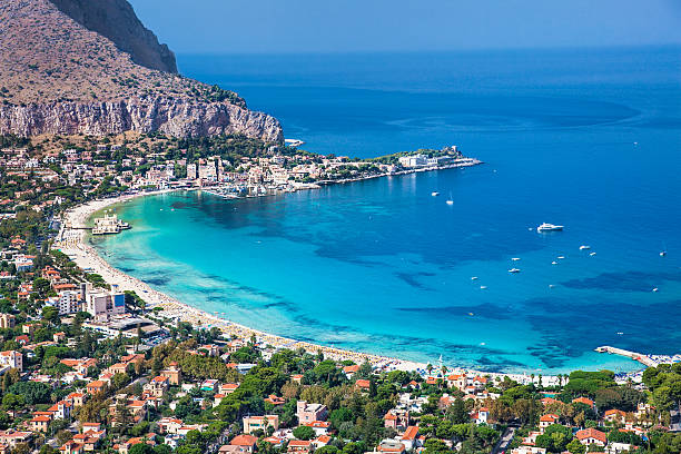 istock Panoramic view of Mondello white beach in Palermo, Sicily. 497309174