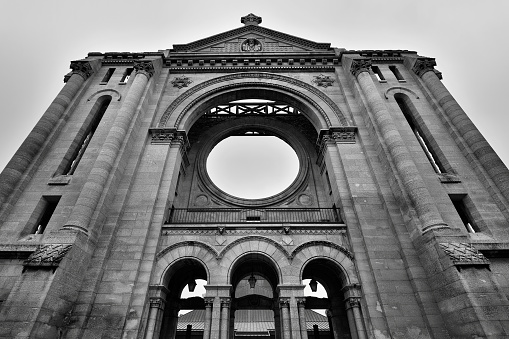 St.Boniface Cathedral which is located in Winnipeg, Manitoba.  Monochrome image.