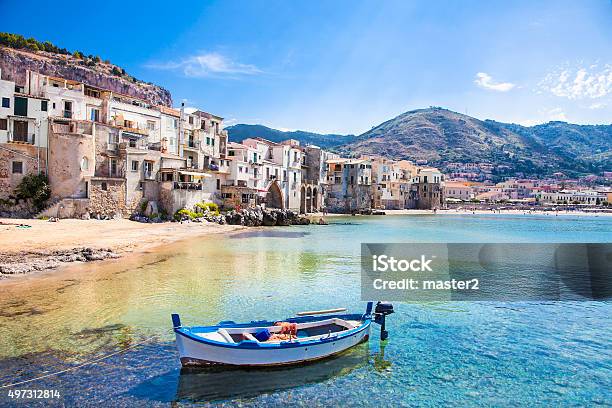Old Harbor With Wooden Fishing Boat In Cefalu Sicily Stock Photo - Download Image Now
