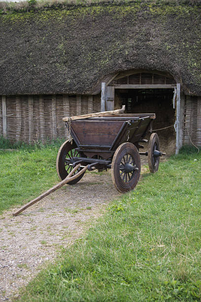 Ox Cart Near a Viking Barn An Ox Cart on its own near a barn in a Viking village billund stock pictures, royalty-free photos & images