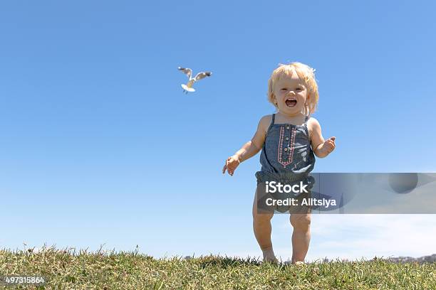 Happy Baby Girl Runs On Top Of The Hill Stock Photo - Download Image Now - 12-17 Months, 2015, Autumn