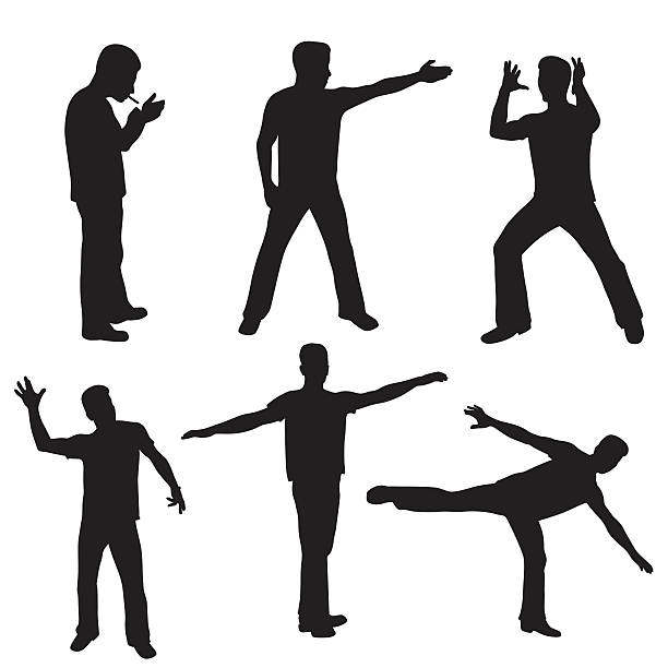 Cool Poses A vector silhouette illustration of the poses of a young man including outstretched arms, waving hi, frustration, balancing, and lighting a cigarette. balance silhouettes stock illustrations