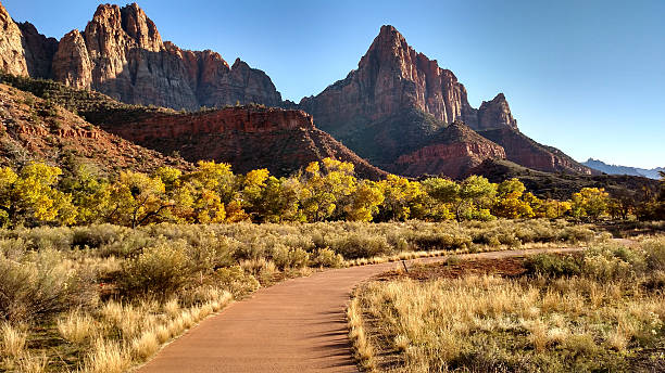 Curved Footpath Pa'rus Trail Zion National Park in autumn Utah stock photo