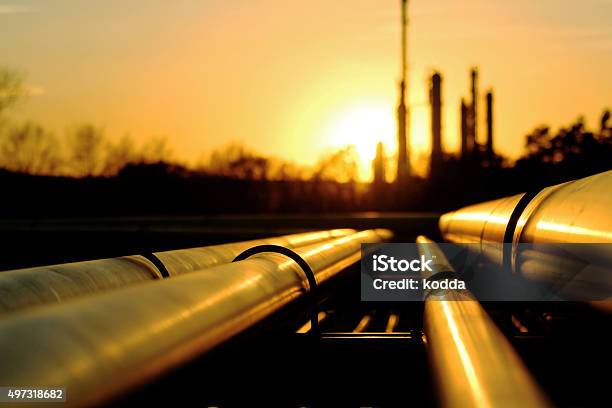 Golden Pipes Going To Oil Refinery Stock Photo - Download Image Now - Pipeline, Crude Oil, Africa