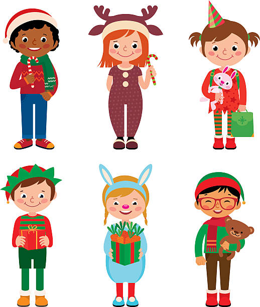 illustrations, cliparts, dessins animés et icônes de enfants en costumes de noël - elf babies and children feelings and emotions holidays and celebrations