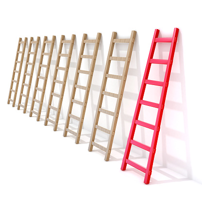 Seven wooden ladders leaning against a wall, one is red. 3D rendering illustration isolated on white background