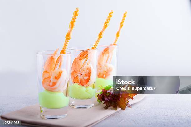 Shrimp With Avocado Yogurt In A Glass Stock Photo - Download Image Now - Appetizer, Avocado, Breakfast