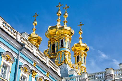 Golden Domes, Orthodox Church, Catherine Palace, Tsarskoye Selo, St Petersburg, Russia. Russian orthodox cathedral.