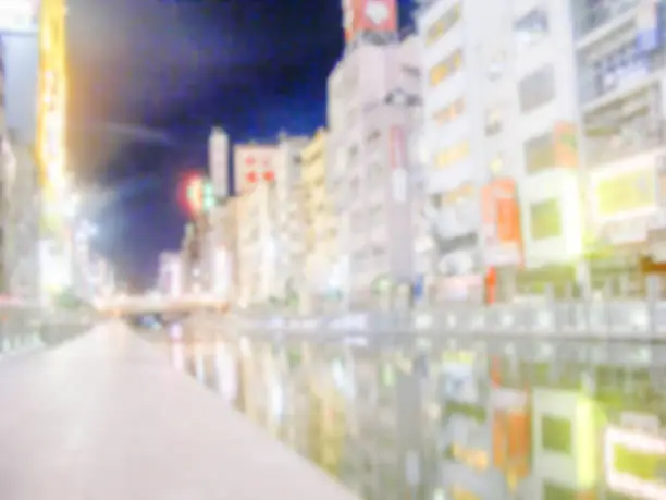 Defocused Background with Dotonbori Canal in Osaka, Japan. Intentionally blurred post production for bokeh effect