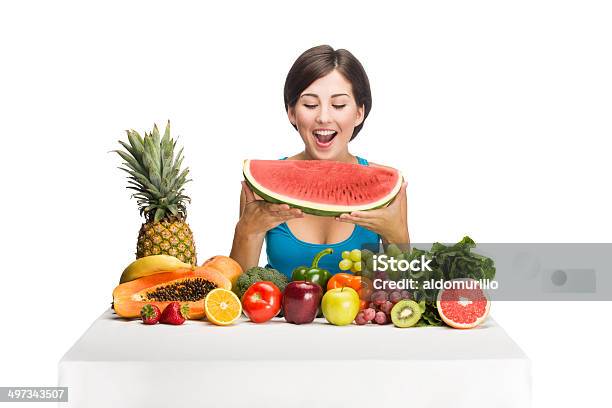 Young Latin Woman Biting A Watermelon Stock Photo - Download Image Now - 20-29 Years, Adult, Adults Only