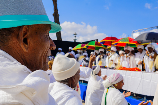 Jerusalem, Israel - November 11, 2015: Ethiopian Jewish prayers, and the religious leaders (Kessim) at the Sigd, in Jerusalem, Israel. The Sigd is an annual holiday of the Ethiopian Jewry