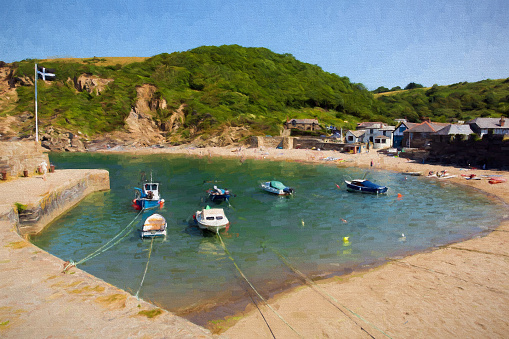 Polkerris Cornwall England near St Austell and Par on a beautiful summer day illustration like oil painting