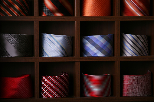 Colorfull ties in a store. Square lines for nice grafic and colorful view.