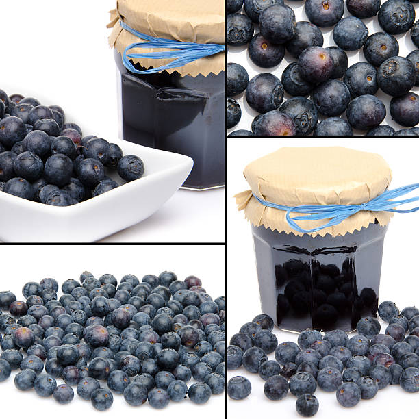 Collage with fresh blueberries and blueberry jam