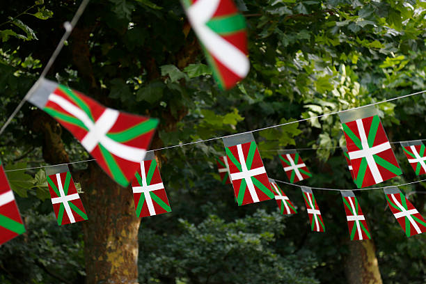 istock Basque country flags flying in a park with trees. 497345866