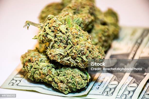 Marijuana Buds Legalized Cannabis On 20 Dollar Bills Stock Photo - Download Image Now