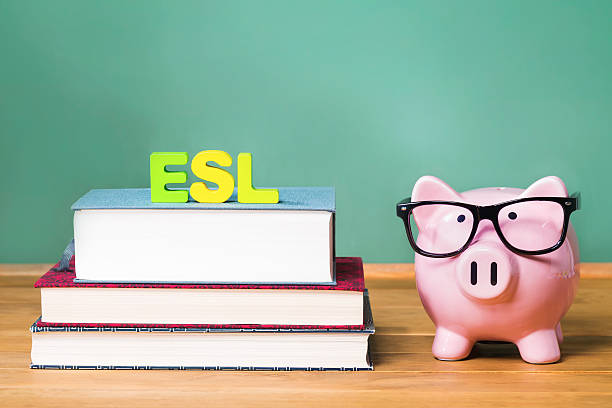 istock ESL theme with pink piggy bank with chalkboard 497350418